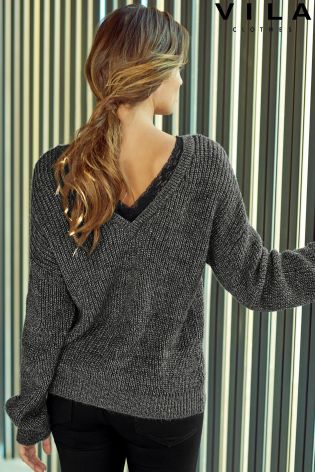 Vila Lace Trim V-Back Jumper